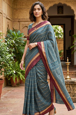 Dusty Teal Green Art Silk Kanjivaram Saree With Stripes Design 10076331