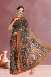 Green Kalamkari Printed Malai Cotton Saree 10074686