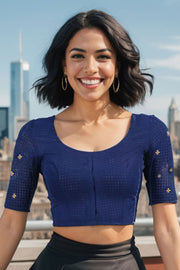 Navy Blue Slub Cotton Hand Embroidered Blouse 10070765