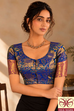 Majestic Blue Kanjivaram Silk Blouse With Floral Zari Border And Motifs 10076610
