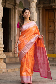 Kanjivaram Viscose Vegan Silk Saree in Peachish Orange with Contrast Pallu 10073860