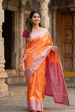 Kanjivaram Viscose Vegan Silk Saree in Peachish Orange with Contrast Pallu 10073860