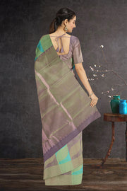 Kanjivaram Pure Zari Handloom Silk Saree with Green & Purple Stripes in Ettukol Weave 10076128