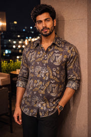 Brown Full Sleeve Vanaspathi Print Modal Silk Mens Shirt 10077507