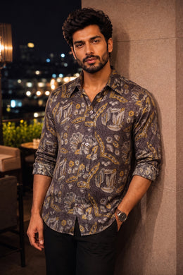 Brown Full Sleeve Vanaspathi Print Modal Silk Mens Shirt 10077507