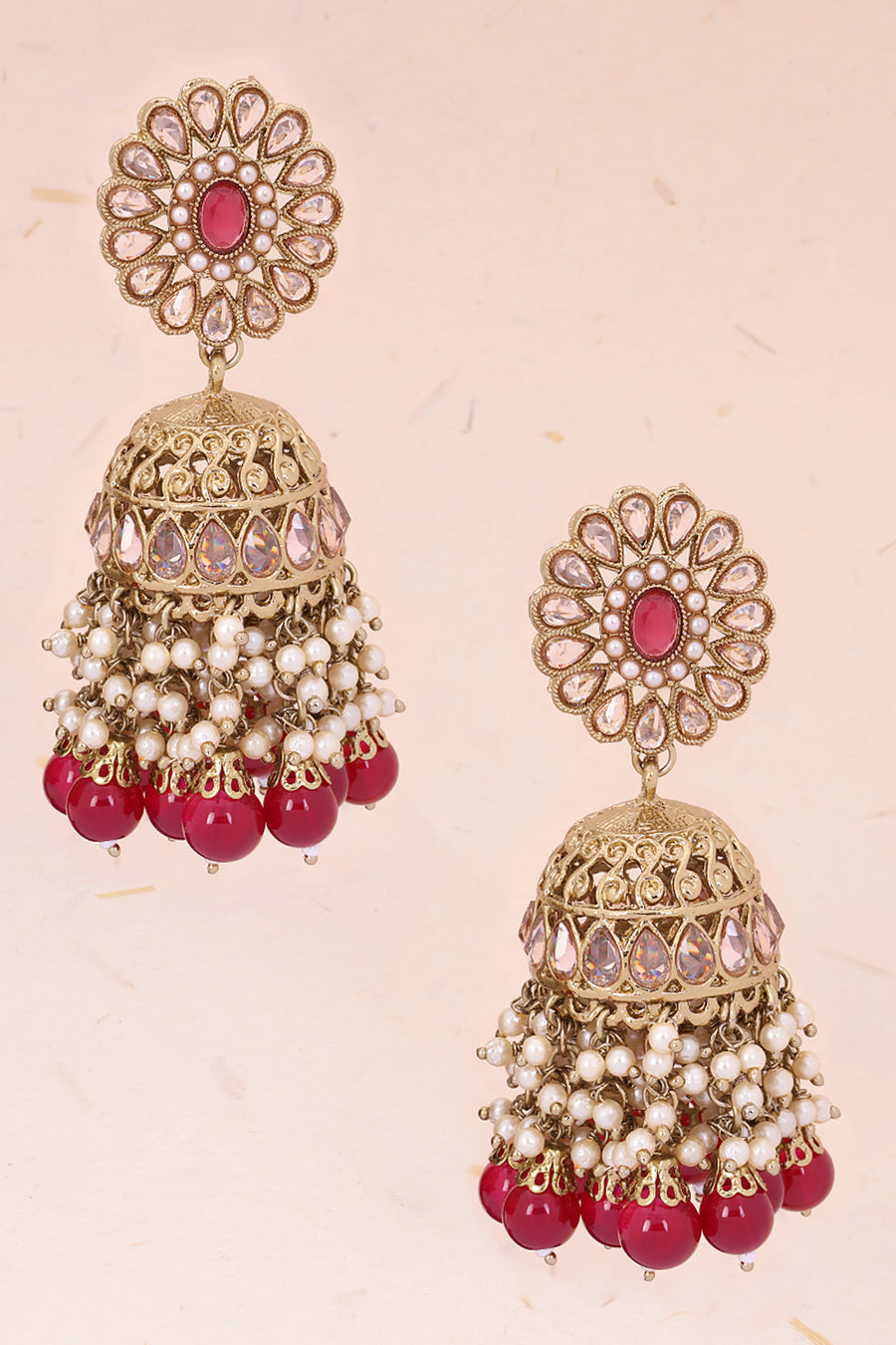 Handcrafted Red Stones Cluster Beads Drop Jhumka Earrings
