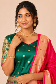 Dark Green Handcrafted Paithani Lehenga - 10065963