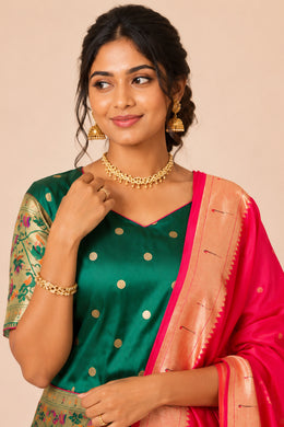 Dark Green Handcrafted Paithani Lehenga - 10065963