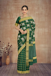 Jungle Leaf Green Mysore Crepe Silk Saree With Checks And Zari Border 10076662
