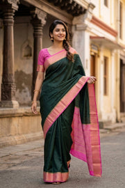 Dark Green Semi Mysore Crepe Silk Saree 10077810