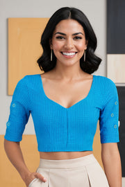 Blue Slub Cotton Embroidered Blouse 10071377