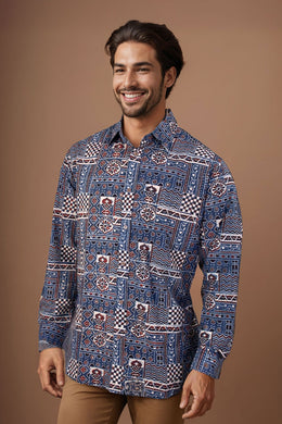 Blue Full Sleeve Ajrakh Printed Cotton Mens Shirt 10071164