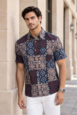 Black Half Sleeve Ajrakh Printed Cotton Mens Shirt 10072991