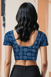 Blue Tribal Motif Indigo Hand Block Print Cotton Blouse 10074575