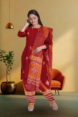 Red Batik Printed 3-Piece Salwar Suit Material 10076001