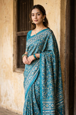 Blue Kashmiri Printed Silk Saree 10076941