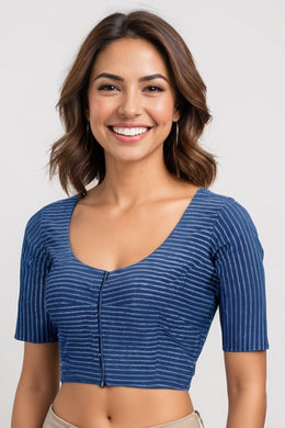 Blue Indigo Hand Block Print Cotton Blouse 10074443