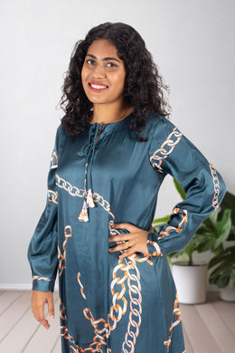 Green Printed Vegan Charmeuse Silk Dress 10074052