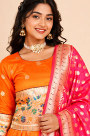 Orange Handcrafted Paithani Lehenga - 10065962