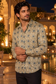 Beige Ajrakh Printed Vegan Modal Silk Mens Shirt 10078096
