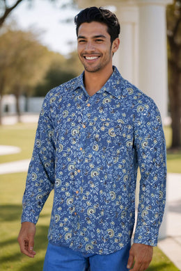 Blue Full Sleeve Ajrakh Printed Cotton Mens Shirt 10073162