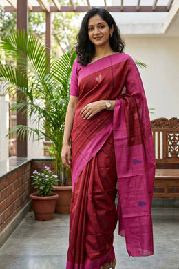Rust Red Kanjivaram Vegan Silk Saree with Contrast Pink Pallu 10075923