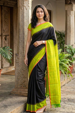 Black Gadwal Kuttu Silk Saree With Temple Border 10077054