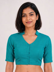 Blue Handcrafted Slub Cotton Solid Style Blouse 10073179