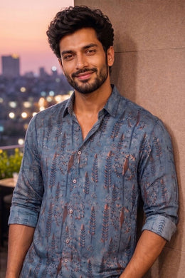 Blue Full Sleeve Jahota Print Modal Silk Mens Shirt 10074378