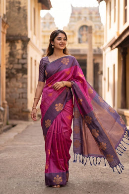 Pigment Magenta Jute Weave Kanjivaram Vegan Silk Saree 10074640