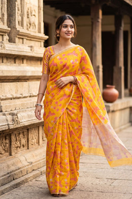 Yellow Handloom Printed Chanderi Saree 10071066