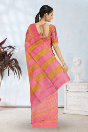 Pink Hand Block Printed Chanderi Saree 10049153