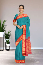 Bluish Green Handloom Gadwal Kuttu Cotton Saree 10061427