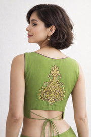 Green Aari Embroidered Mangalgiri Cotton Blouse 10069976