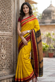 Yellow Gadwal Kuttu Silk Saree With Temple Border 10077061