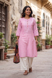Pink Handcrafted Slub Cotton Kurta 10077426