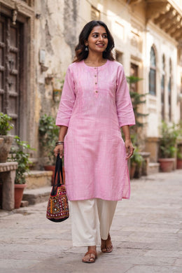 Pink Handcrafted Slub Cotton Kurta 10077426