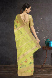 Green Parrot Motifs Chanderi Printed Silk Cotton Saree 10075936