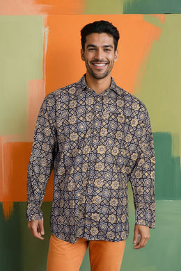 Black Full Sleeve Ajrakh Printed Cotton Mens Shirt 10071169