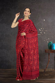 Red Handloom Jamdani Style Cotton Saree with Blouse 10074228