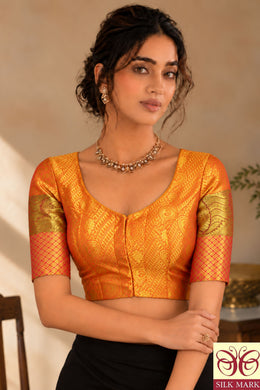 Golden Mustard Yellow Kanjivaram Silk Blouse With Paisley Motifs And Floral Motifs 10076621