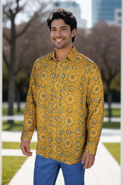 Yellow Full Sleeve Ajrakh Printed Cotton Mens Shirt 10071167
