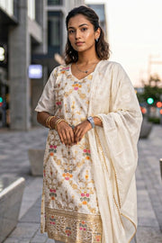 Cream Mukaish Embroidery Viscose Silk Salwar Suit 10076196