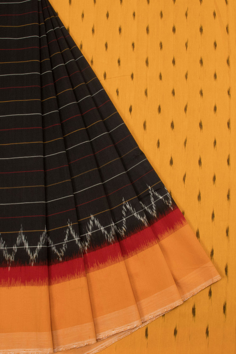 Black with Yellow Handloom Pochampally Ikat Cotton Saree - Avishya