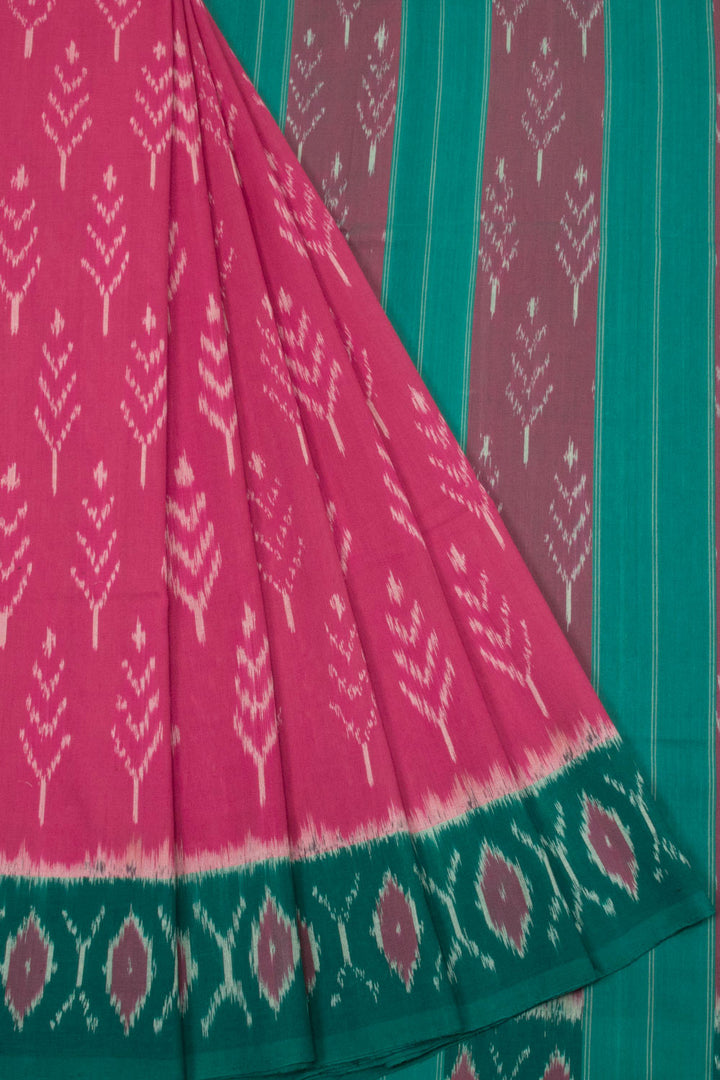 Pink with Blue Handloom Pochampally Ikat Cotton Saree - Avishya 