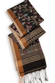 Black Bengal Handwoven Jamdani Style Cotton Saree 10075358