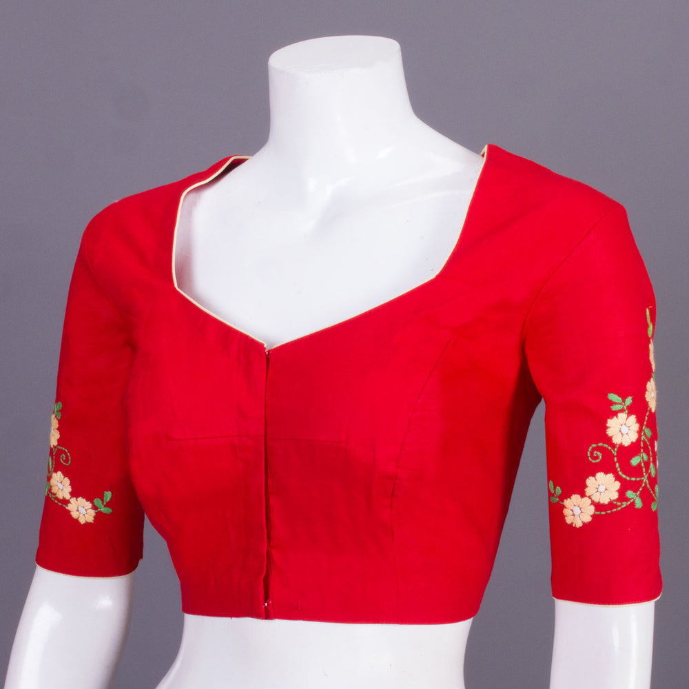 Red Kantha Embroidered Cotton Blouse 10068986 - Avishya