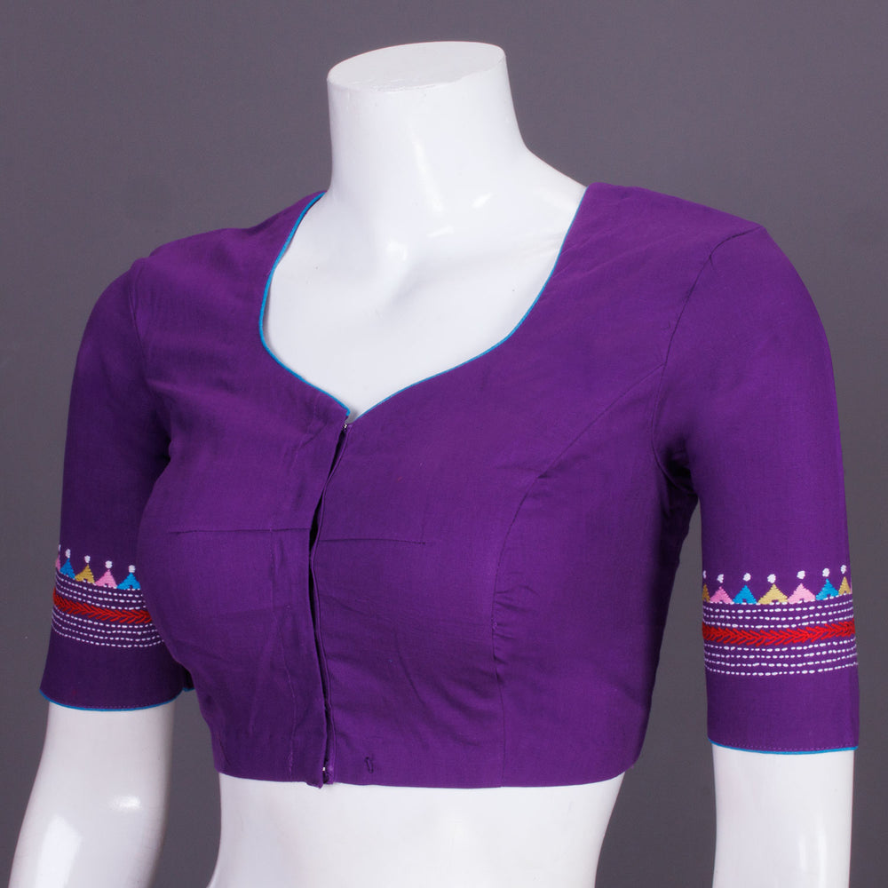 Purple Kantha Embroidered Cotton Blouse 10069538 - Avishya