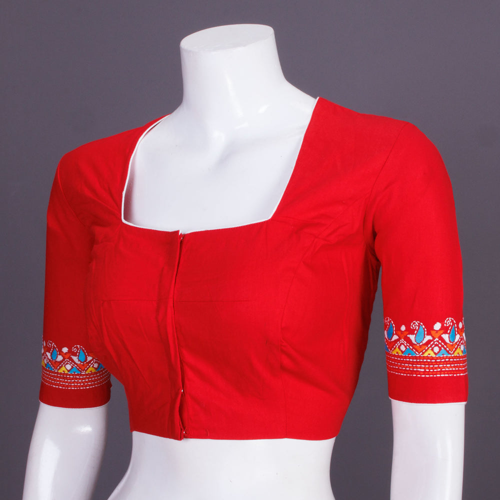 Red Kantha Embroidered Cotton Blouse 10069554 - Avishya