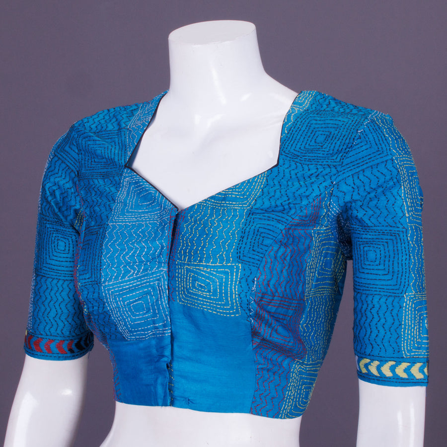 Blue Kantha Embroidered Tussar Blouse 10069586 - Avishya